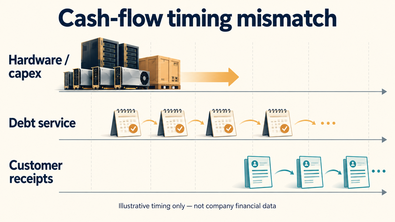 Illustrative timing mismatch between upfront hardware and capex, recurring debt service and later customer receipts.