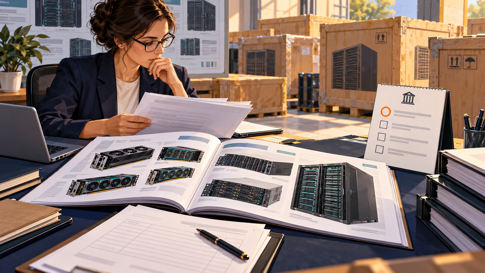 AI-generated conceptual illustration; not a photograph of the reported event. Conceptual analyst reviewing accelerator hardware procurement and unsigned funding papers; unopened equipment awaits approval.