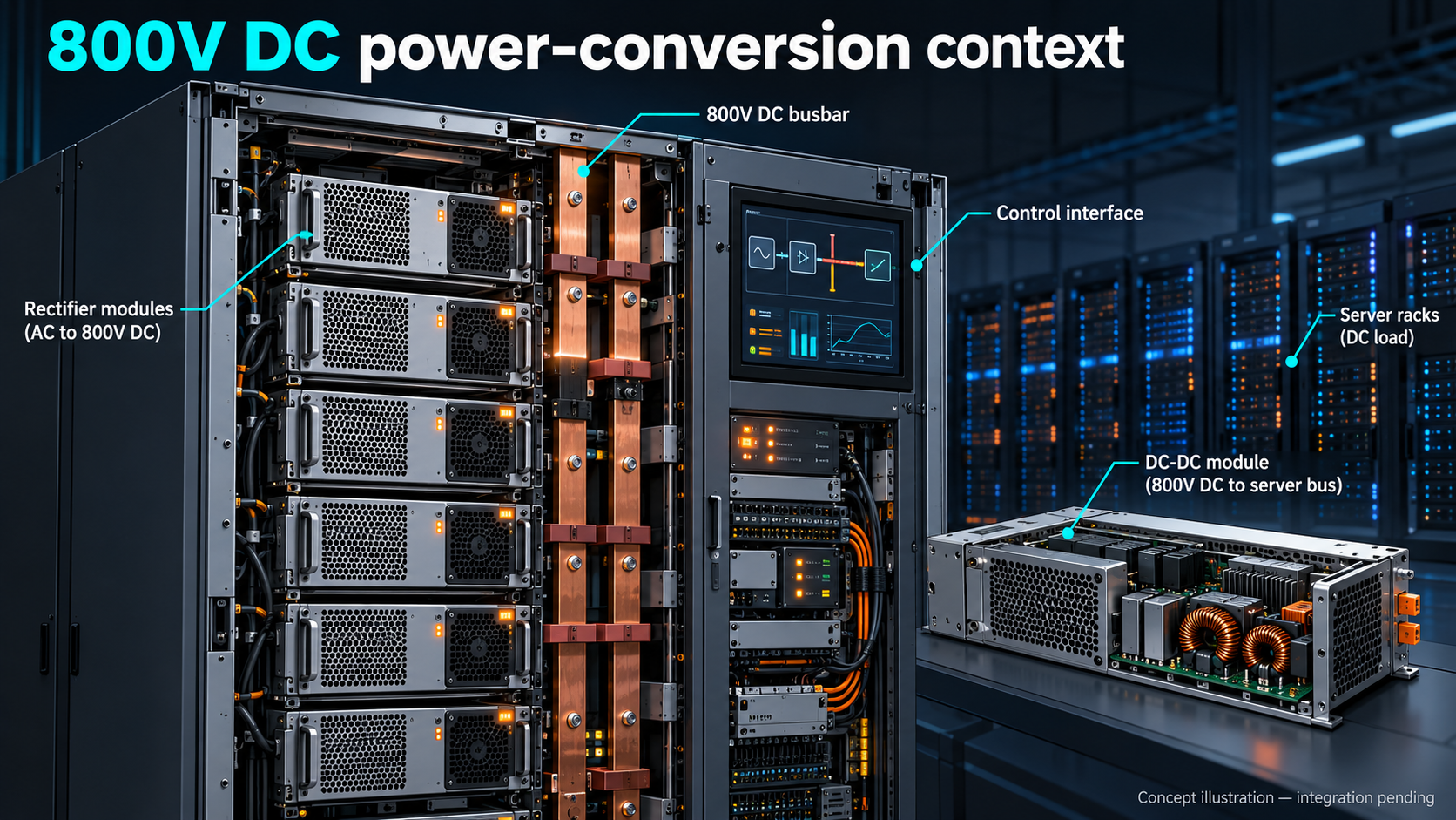 AI-generated conceptual illustration; not a photograph of the reported event. Generic unbranded rectifier and DC-DC power-conversion cabinet in an illustrative 800V DC data-center architecture, integration pending.