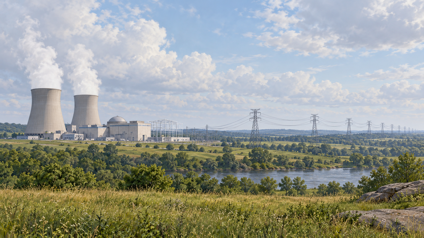 Original conceptual daylight landscape of an existing nuclear electricity campus and transmission corridor, not a specific plant or completed upgrade.