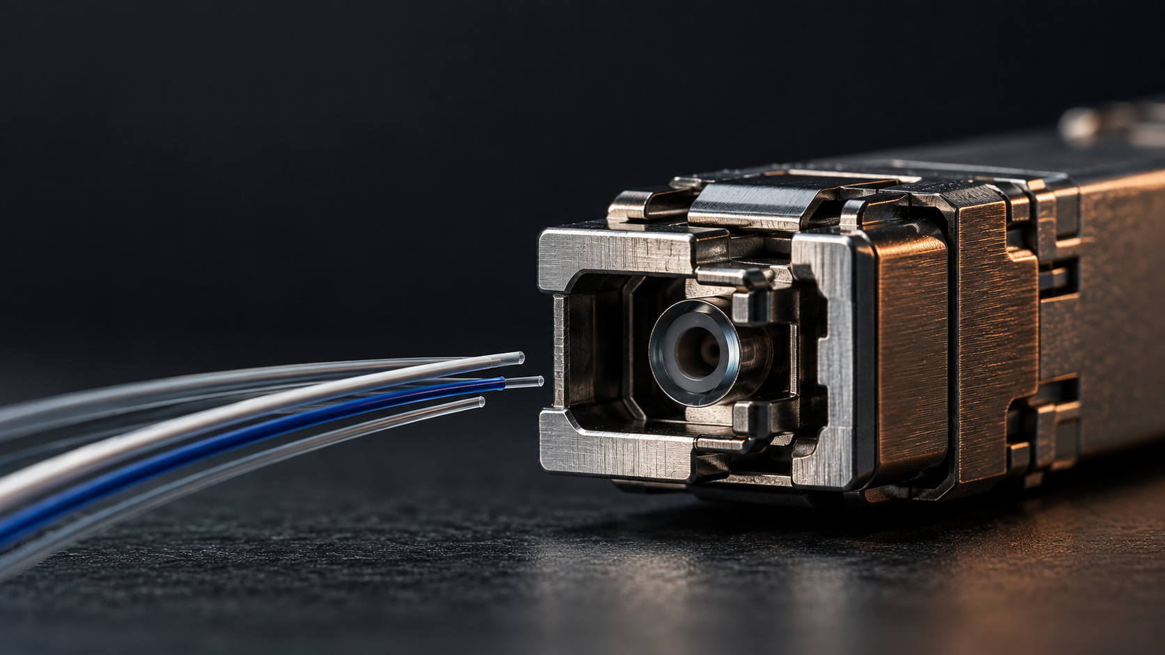 Original conceptual close-up of an unbranded optical connector and fiber ends, not a Marvell product photograph.