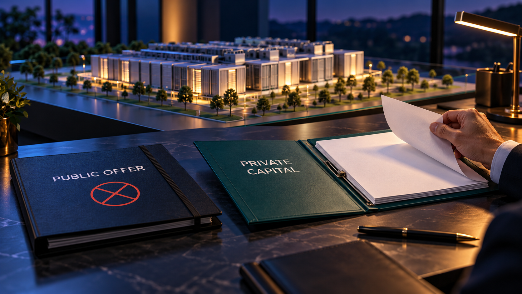 AI-generated conceptual illustration; not a photograph of the reported event. Conceptual capital review of withdrawn public offer and proposed private financing; not Firmus documents or a real site.