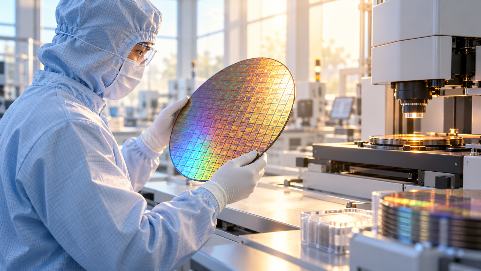 Conceptual bright wafer inspection scene with an anonymous cleanroom engineer, not a real GF facility.