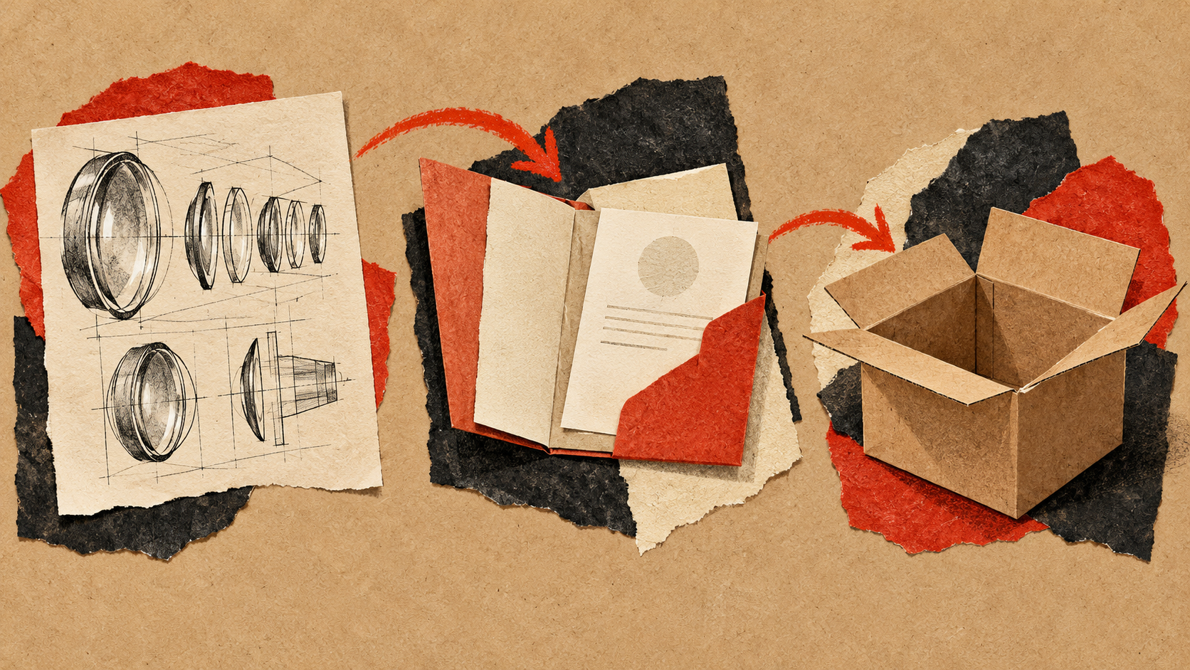 Original conceptual illustration: Editorial tactile paper collage on warm tan stock, three stepping stages represented by optical component sketch sheet, anonymous customer acceptance folder still open, and empty shipping carton. Charcoal, vermilion, cream. Qualitative execution milestones, no dates, numbers, revenue bars or completed-deal claims.