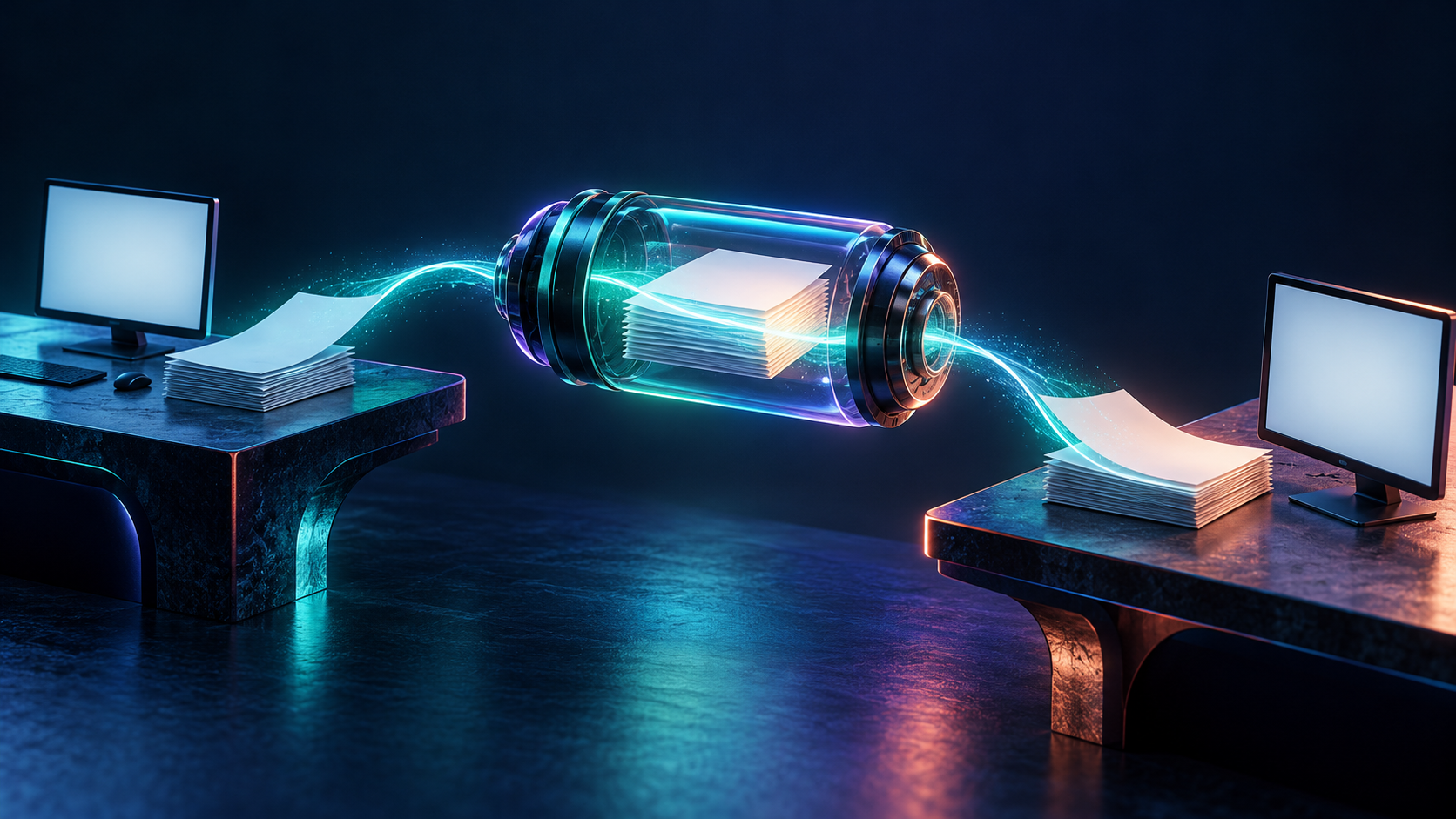 Concept illustration: An abstract long-duration assignment capsule preserving blank documents across two separated workstations.